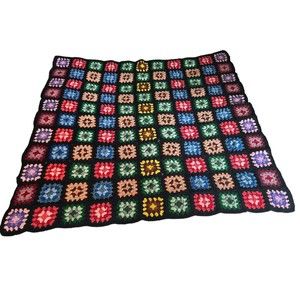 Vintage Handmade Crochet Granny Square Blanket 52x52 Afghan Throw Black Multi